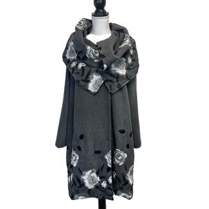 Samuel Dong Coat size Small Gray Floral Embroidery Shawl Collar Boutique Artsy